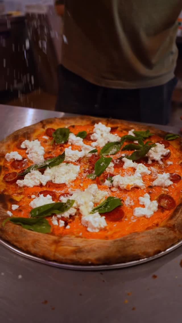 Drunken Tor pie — crisped soppressata cups curled at the edges, hot honey drizzle pooling in the cups, scattered basil leaves on melted mozzarella.