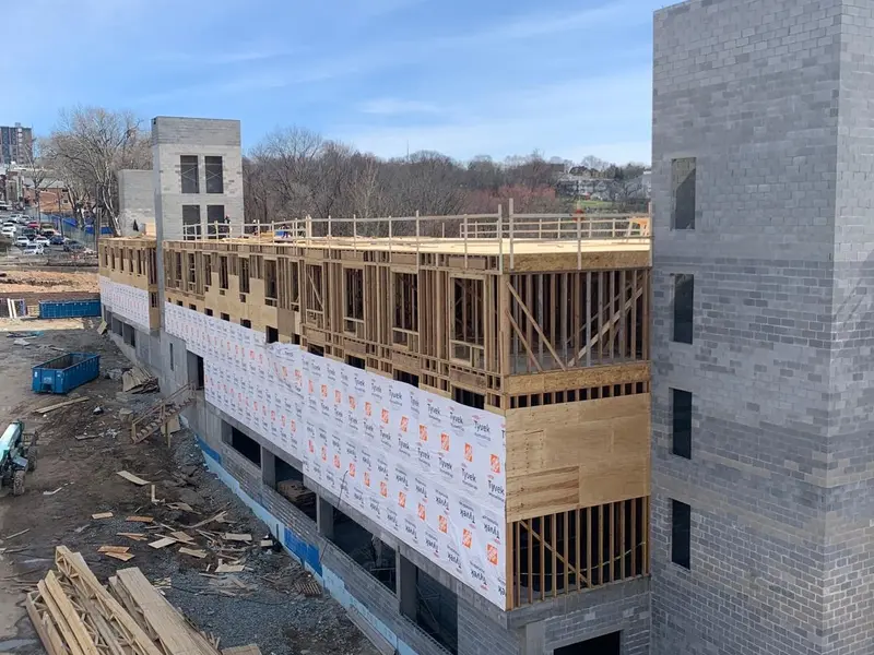 Golden Hammer Construction commercial construction work, masonry and wood framing in progress
